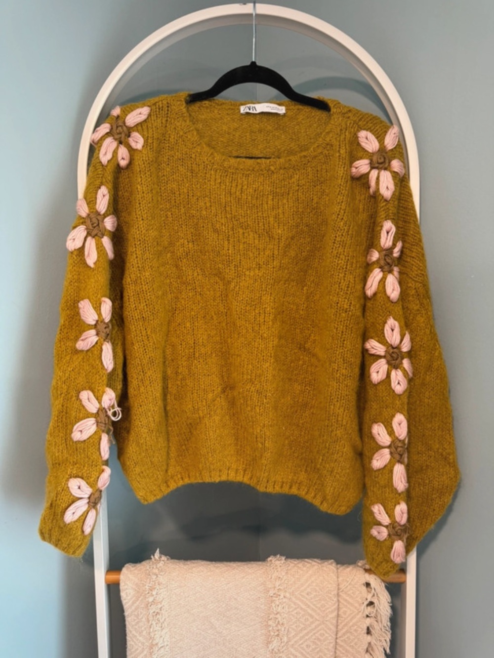 Zara Mustard Crewneck Sweater with Pink Flower Sleeve Embroidery